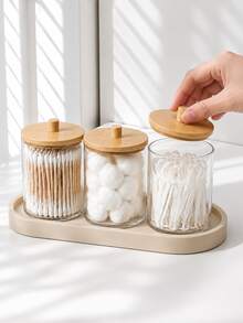 1/3 Packs Bathroom Organizer Set With Silicone Tray, Plastic Storage Canisters With Lids For Vanity Countertop, Cotton Swab Holder, Cotton Ball And Floss Pick Organizer - Multicolor - View 1