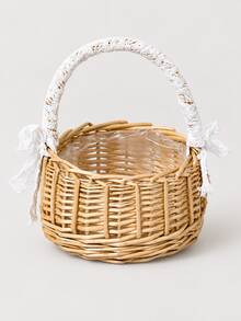 1pc Woven Rattan Basket With Handle, Decorative Ribbon Lace And Tassel Design, Lightweight Handheld Storage Basket, Suitable For Women, Wedding Ceremonies, Party Table Decor, Gift Display, Floral Arrangement And Home Decoration - Multicolor - View 7