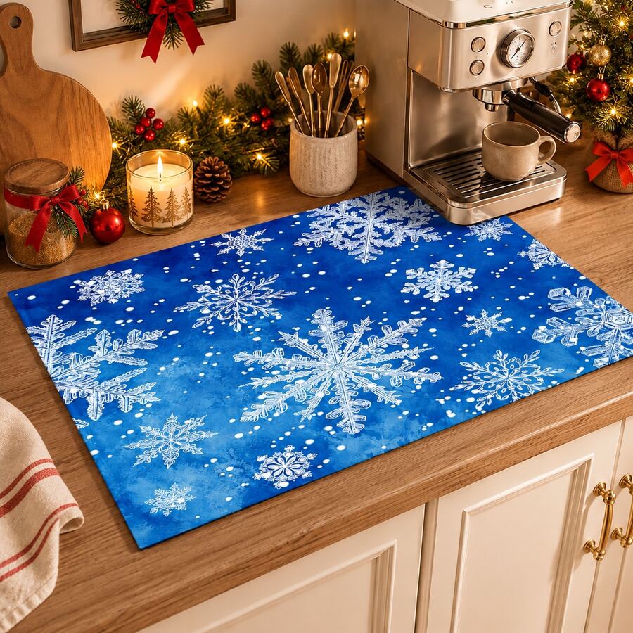 1pc Winter Blue Snowflake Kitchen Drain Mat, White Ice Crystal Snowflake Print Table Mat, Christmas Coffee Tabletop Decor Mat, Winter Snowflake Table Mat, Holiday Kitchen Dining Home Decor - Multicolor - View 1