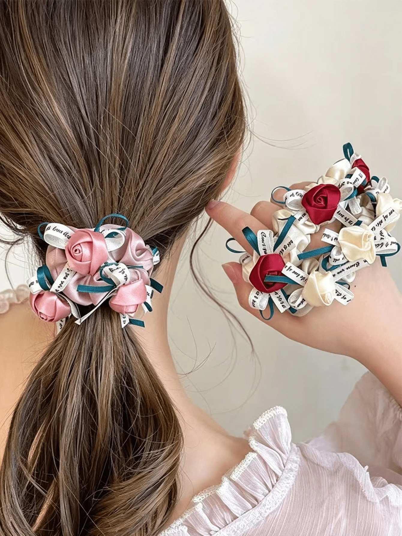 1 Pc Korean Handmade Fabric Rose Scrunchie, Bow Hair Tie Elastic Rubber Band, Hair Accessory For Women, Suitable For Bun Hairstyle - Multicolor - View 1