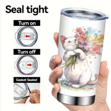 1/5pcs 20oz Cute Cat Travel Mug, Adorable Kitten Holding Flowers Flat Print, Fresh Watercolor Style, With Transparent Lid, Vacuum Insulated Stainless Steel Cup, Reusable, Suitable For Hot And Cold Drinks. Full Of Healing Vibes, Portable For Commuting And Outings, A Creative And Fun Gift For Cat Lovers. - Kitten Holding Flowers - View 3