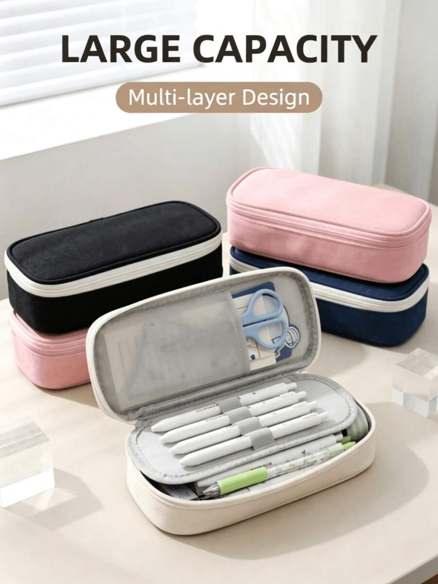 1pc Simple Solid Color Large Capacity Student Pencil Case, Multi-Layer Classification Storage Pencil Bag, Campus Large Capacity Desktop Stationery Storage Bag, Multi-Function Dormitory Cosmetic Storage Bag, Can Be Used To Store Pens, Rulers, Erasers And A Series Of Pencil Cases, Back To School Season Must-Have - Multicolor - View 1