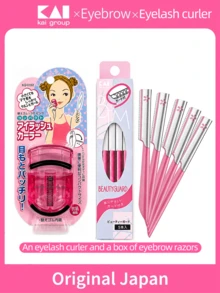 Makeup Grooming Set:1Pc Eyelash Curler +5Pcs Original Japan KAI , Stainless Steel Brow & Lash Beauty Tool Kit For Women Daily Makeup Grooming - Pink - View 1