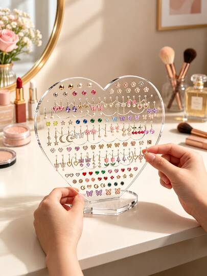 Heart-Shaped Acrylic Earring Holder – Holds Earrings (Studs, Dangles And Hoops), Large Display Stand, Perfect For Vanity, Great Gift For Women. Jewelry Storage Box And Organizer, Jewelry Display Tower