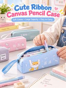 1pc Cute Ribbon Canvas Pencil Case, Large Capacity Pencil Pouch For Ages 3+, Kindergarten, Elementary Kids, Girls & School Supplies - Multicolor - View 2