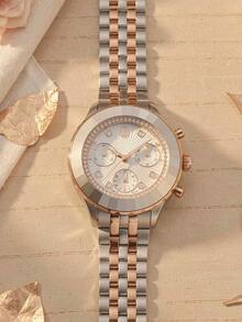 Swarovski Two-Tone Chronograph Watch - Rose Gold & Silver Crystal Bezel White Dial, Swiss Made Luxury Wristwatch Gift For Women - Rose Gold - View 3