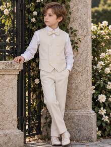 3pcs Kids Performance Suit Set (Vest + Pants + Bowknot) For Boys, Children Wedding Party Stage Costumes - Beige - View 3