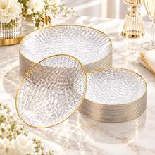 50/25/10-Piece Set Of 10.25-Inch And 7.5-Inch Clear Hammered Single Gold Rimmed Round Plates And Food Trays, Shatterproof And Lightweight Cutlery Sets Suitable For Parties, Weddings, Adults, Children, And Families. Gold Rimmed Cutlery, Thanksgiving, Christmas, Plastisol - View 12