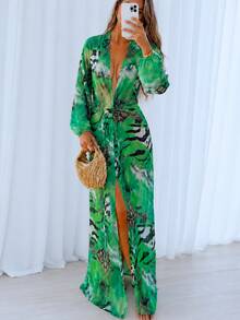 Kliou Tiger Stripe Print Deep V-Neck Backless Lantern Sleeve Long Dress Beach Party - Green - View 1