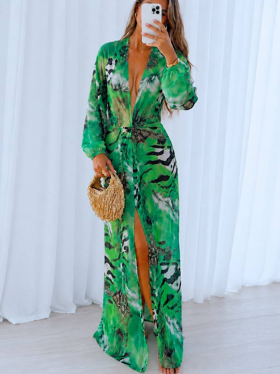 Kliou Tiger Stripe Print Deep V-Neck Backless Lantern Sleeve Long Dress Beach Party - Green - View 1