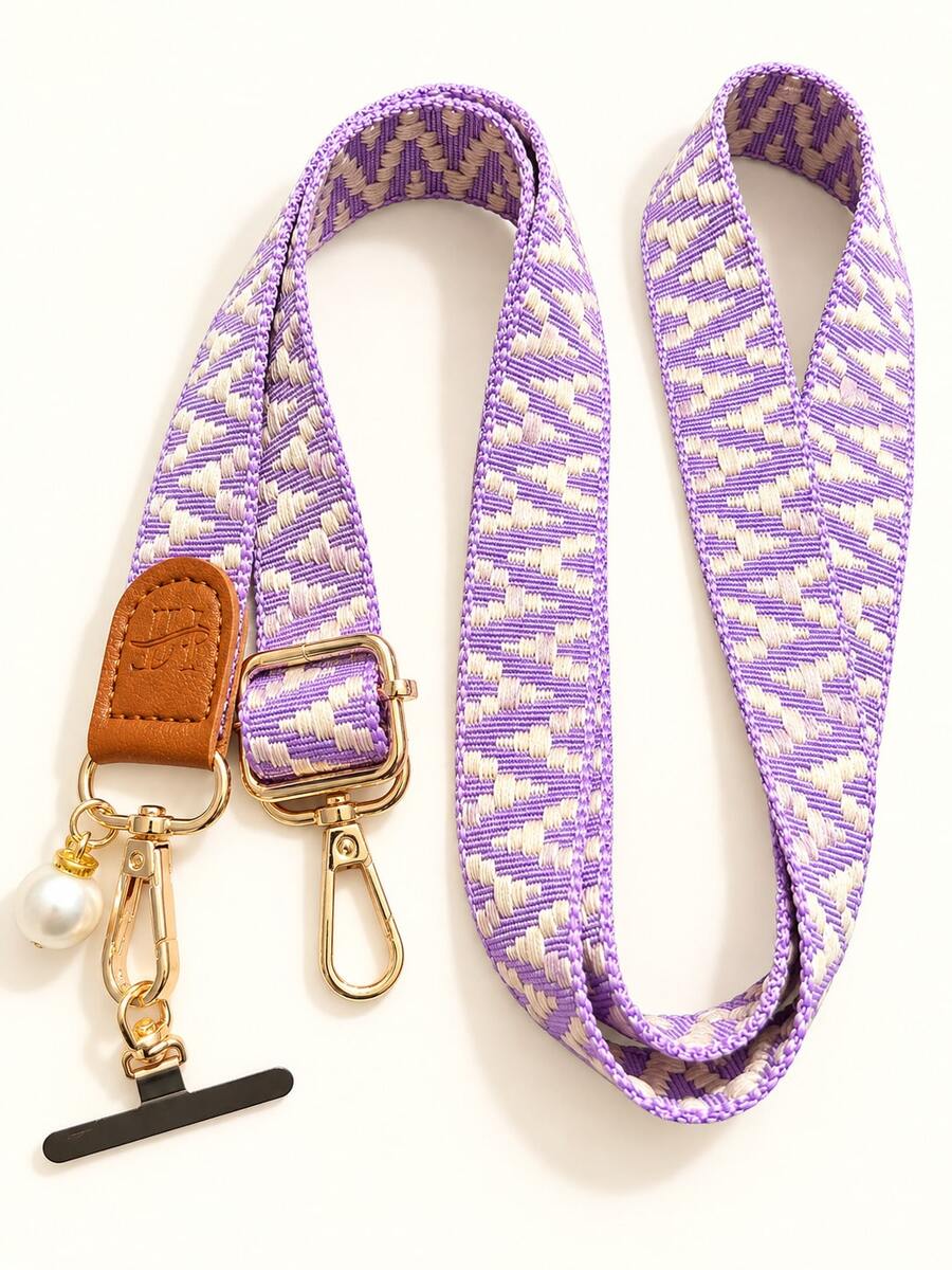 1 Set Vintage Jacquard Wide Crossbody Phone Lanyard, Adjustable Length With Pearl Pendant Anti-Loss Phone Shoulder Strap, Compatible With Universal Phone Patch, Girls Daily Outing Outfit Key Pendant, Smartphone Wrist Strap, Smartphone Protective Case Lanyard, Keychain, Halloween