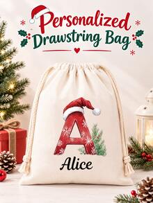 Custom Name Santa Initial Christmas Sack, Large Capacity Reusable Canvas Drawstring Gift Bag, Personalized Xmas Gift Storage Pouch, Holiday Present For Family, Home Christmas Decor, Available In L & XL Sizes - Multicolor 2 - View 1