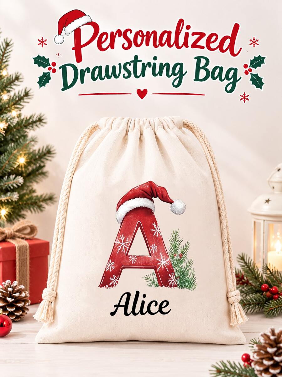Custom Name Santa Initial Christmas Sack, Large Capacity Reusable Canvas Drawstring Gift Bag, Personalized Xmas Gift Storage Pouch, Holiday Present For Family, Home Christmas Decor, Available In L & XL Sizes - Multicolor 2 - View 1