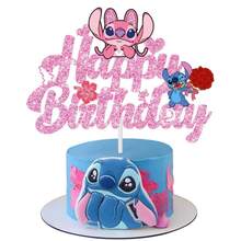 Stitch Happy Birthday Cake Topper, Glitter Cartoon Character Cake Decor With Tropical Leaf And Flower Elements For Birthday Party Cake Decorations - View 8
