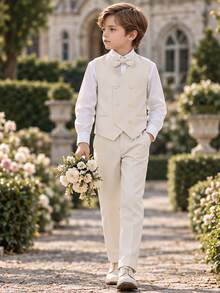 3pcs Kids Performance Suit Set (Vest + Pants + Bowknot) For Boys, Children Wedding Party Stage Costumes - Beige - View 2