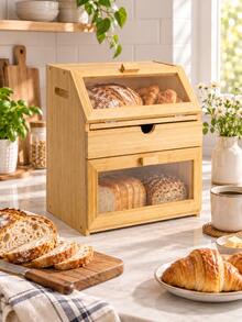 1pc Bamboo Bread Box, Double Layer Bread Storage Container With Clear Windows And Drawer, Countertop Bakery Organizer For Home Kitchen, Pantry, Apartment, Farmhouse Decor, Bread And Pastry Storage - Multicolor - View 2