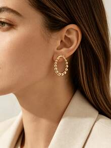 1 Pair 18K Stainless Steel Round Bead Hoop Earrings, Suitable For Daily Wear, Halloween Gift - Gold - View 2