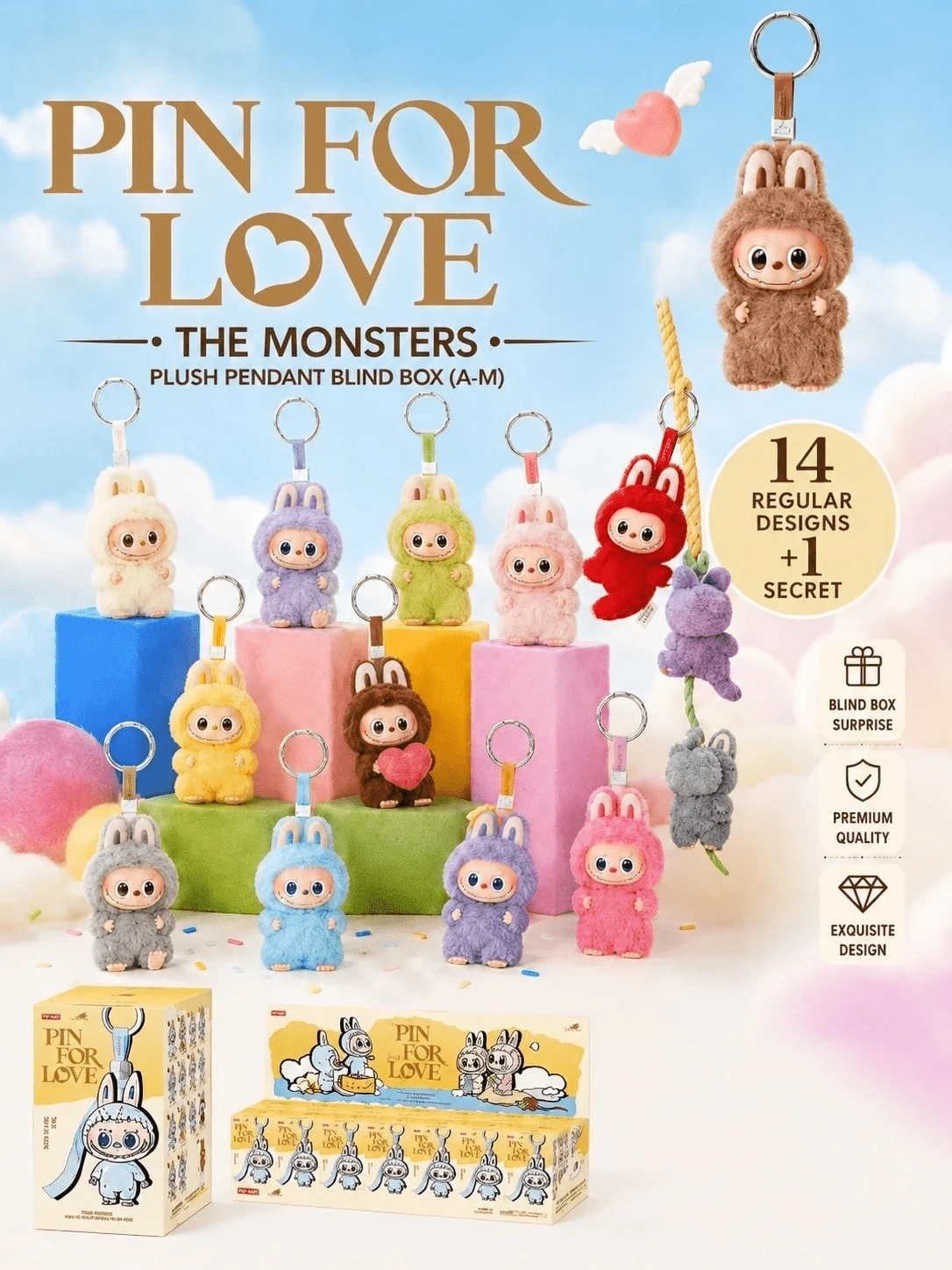 THE MONSTERS Labubu Pin For Love Series Vinyl Plush Pendant Blind Box (A-M),14 Regular Designs + 1 Hidden Design,Unique Letter Theme For Spelling Words And Messages,Cute Bag Charm, Adorable Plush Blind Box, Back-To-School Gift, Christmas And Birthday - Multicolor - View 1