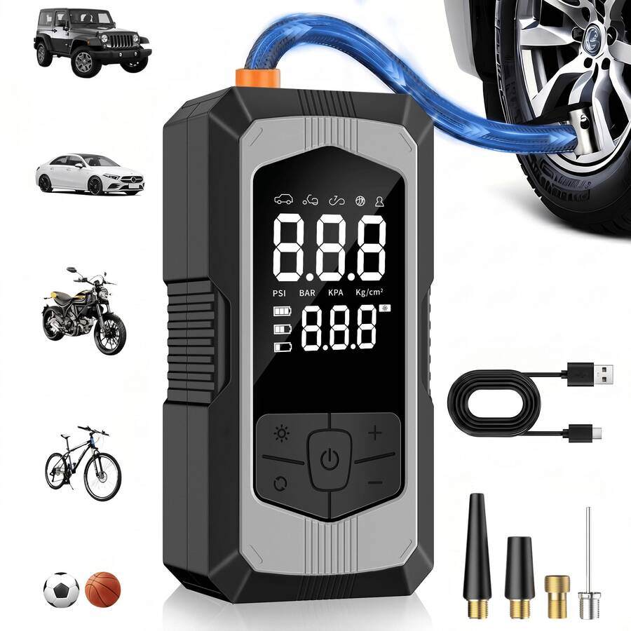 1 buah Pompa Ban Portabel Kompresor Udara, Pompa Udara Tanpa Kabel 150 PSI untuk Ban Mobil dengan Lampu LED, Pengukur Tekanan Digital, Pompa Sepeda Mati Otomatis untuk Mobil, Sepeda Motor, Sepeda, dan Bola Olahraga