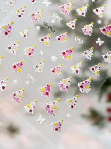 1pc 5D Christmas Nail Stickers Kawaii Embossed Pink And White Gradient Christmas Tree/Snowflake Bow Nail Decals,DIY Winter Xmas Manicure Decor - Multicolor - View 6