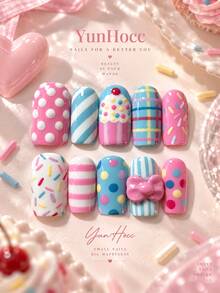 10Pcs Short Square Handmade Reusable Press On Nails, Macaron Candy Style, Hand Painted Cupcake, Polka Dot, Stripe & Plaid Pattern With 3D Pink Bow Decor, Sweet Cute Cartoon False Nail Kit For Party Photoshoot Daily Wear - Multicolor - View 10