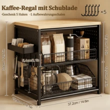 2026 Neuheit Dreistufiger Kaffee Organizer für Küche, Kaffeestation mit Walnuss Echtholzoberfläche, 5 Metall-Schubkörben und seitlichem Tablett, Multifunktionaler Aufbewahrungsständer für Kaffeemaschine, Tassen, Gewürze, Teezubehör - Verschiedenfarbig - Übersicht 4
