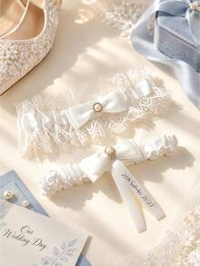 Customized Bride Name & Date Personalized Wedding Garter, Blue Lace Bridal Keepsake, Handmade Gift, Gift For Her - Multi-color - Sock Strap Set - View 4