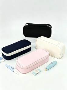 1pc Simple Solid Color Large Capacity Student Pencil Case, Multi-Layer Classification Storage Pencil Bag, Campus Large Capacity Desktop Stationery Storage Bag, Multi-Function Dormitory Cosmetic Storage Bag, Can Be Used To Store Pens, Rulers, Erasers And A Series Of Pencil Cases, Back To School Season Must-Have - Multicolor - View 2
