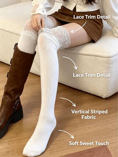 Women's Over-The-Knee Socks, Lace Trim, Slim Fit Vertical Stripe Design, Pure And Seductive Style, Suitable For JK/Japanese Sweet Looks
