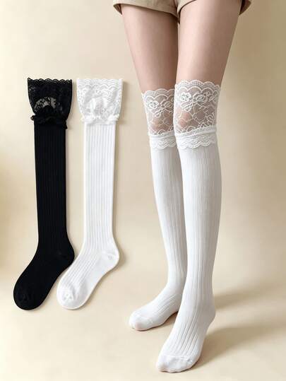 1/2 Pairs Sweet Girl Lace Trim Vertical Stripe Versatile Comfortable Knee High Socks
