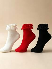 1/3 Pairs Women's Lace Mid-Calf Socks With Large Satin Bow And Floral Lace Trim, Sweet Cute Lolita Style Mesh Ruffle Short Socks, Gift For Friends - Multicolor - View 1