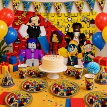 Roblox Set Dekorasi Pesta 31 Buah, Termasuk Latar Belakang 100x150cm, 10 Banner Segitiga, 10 Gelas Kertas, 10 Piring Kertas, Set Peralatan Makan Sekali Pakai, Banner Segitiga Warna-warni, Perlengkapan Pesta Ulang Tahun, Dekorasi Perayaan - A - View 1
