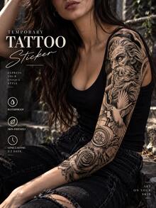 Full Arm Sleeve Temporary Tattoo Stickers, Gothic Black Sketch Compass Clock Rose Skull Wolf Pattern, Waterproof Disposable Fake Body Art Tattoos For Men Women, Lasts 2-5 Days For Party Vacation - Black - View 5
