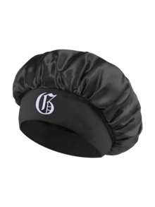 1件裝男士海軍藍緞面睡眠帽，單字母刺繡寬鬆鬆緊帶髮帽，防毛躁護髮夜帽 - 黑色 - 查看 10