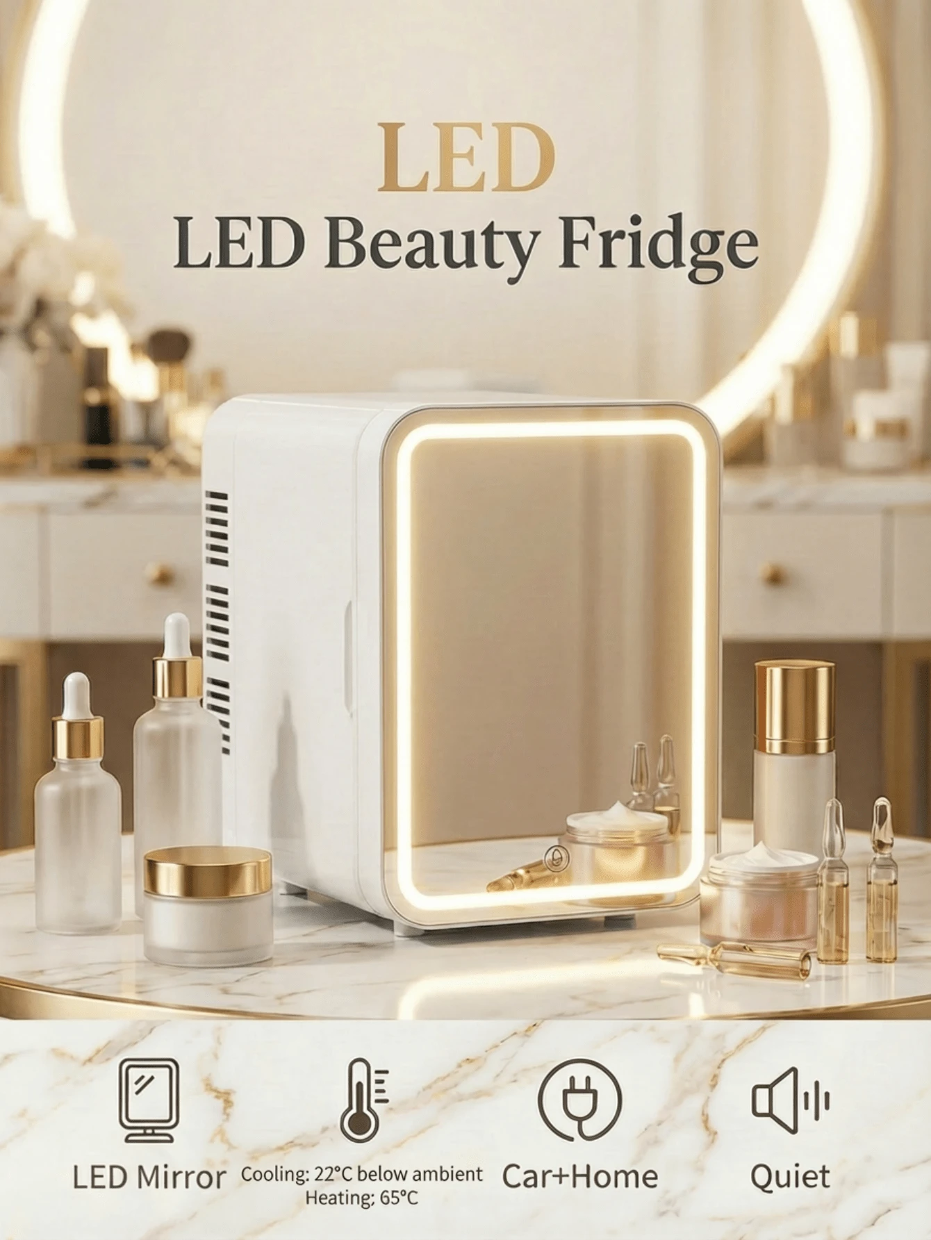 SMEGGEMS 4L Mini Fridge, Touch Control 3-Color LED Mirror, 28dB Ultra-Quiet Cooling/Heating, Portable Home & Car Cosmetic Refrigerator, Suitable For Storing Cosmetics, Serums And Face Masks - White - View 1