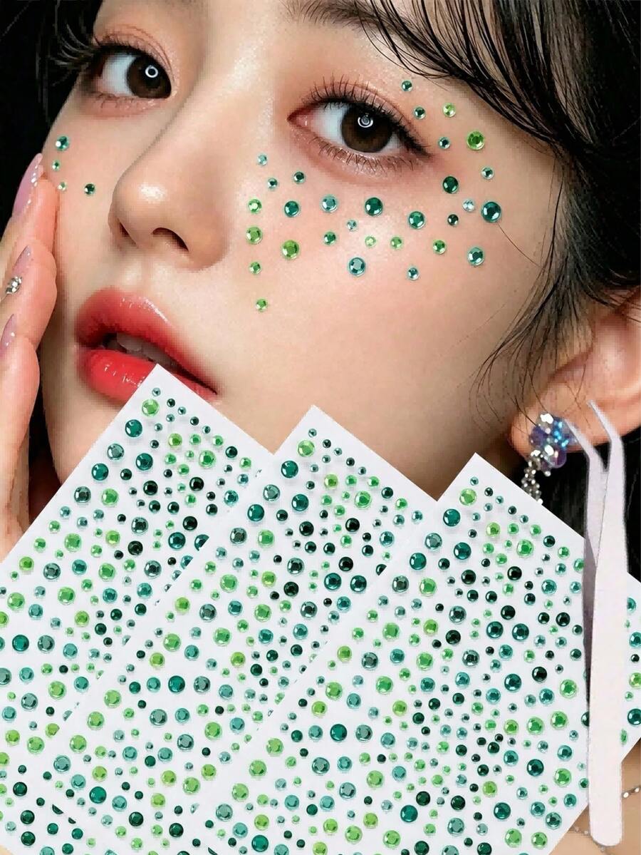 7/5/3/1 Sheets Green Self-Adhesive Face Gem Stickers, Tweezers, For Face, Body, Suitable For Christmas, Parties, Festivals, Y2K Style, Concert Looks, Face Gems, Accessories Can Be Purchased Separately - Multicolor - View 1