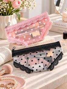 Heart-Shaped Mesh Lace Makeup Bag, Cute Portable Cosmetic Storage Pouch, Multi-Functional Travel Organizer Bag, Suitable For Cosmetics, Toiletries, Stationery, Earphones And Small Essentials, Lightweight Zippered Storage Bag, Perfect For Women And Girls - Multicolor - View 2