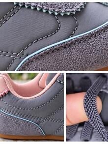 Pink Gray Low-Top Elastic Band Sneakers, Retro Colorblock Casual Shoes, Suede-Like Upper, Thin Rubber Sole - Dusty Blue - View 7