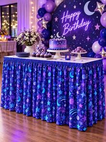1pc Colorful Party Table Skirt, Terrazzo Colored Paper Ribbon Star Moon Galaxy Geometric Print Pleated Table Cover, Suitable For Birthday, Wedding, Baby Shower, Dessert Table, Buffet Table And Celebration Party Decoration - Multicolor - View 6