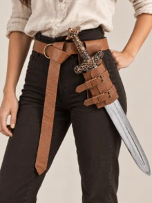 Set Sabuk dan Sarung Pedang/Kipas Lipat Kulit PU Gaya Abad Pertengahan 2 Buah, Tempat Penyimpanan Pedang/Kapak Panjang Antik Cocok untuk Permainan Peran LARP, Cosplay, Festival Renaisans, dan Kostum Sejarah Halloween - B - View 11