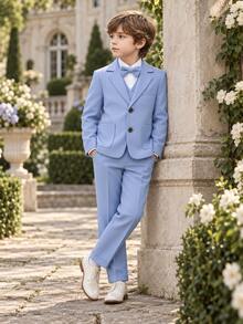 男童新西裝套裝，花童婚禮服裝，英式風格三件套，西裝外套與長褲 - 藍色 - 查看 2