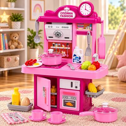 COZINHA INFANTIL COMPLETA 28 PEÇAS COM PIA QUE FUNCIONA COM ÁGUA FOGÃO COM LUZ SOM E MÚSICA PANELAS UTENSÍLIOS PRATOS FRUTAS E ALIMENTOS ROSA BRINQUEDO FAZ DE CONTA PARA CRIANÇAS +3 ANOS COZINHA DE BRINQUEDO COM ACESSÓRIOS