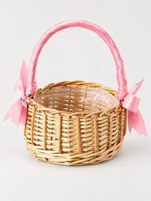 1pc Woven Rattan Basket With Handle, Decorative Ribbon Lace And Tassel Design, Lightweight Handheld Storage Basket, Suitable For Women, Wedding Ceremonies, Party Table Decor, Gift Display, Floral Arrangement And Home Decoration - Multicolor - View 9