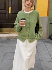 New Autumn/Winter Women's Casual Minimalist Solid Color Round Neck Cardigan Knit Sweater Jacket - Green - View 1