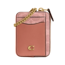Coach Signature Canvas 拉鍊卡片包，女士金屬鏈條腕帶錢包，可愛女士手拿包零錢包 - 粉色 - 查看 7