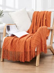 1pc Solid Color Knitted Blanket, Nordic Style Tassel Design Soft Blanket, Suitable For Office Nap, Bed, Sofa, Daily Use - Caramel - View 2