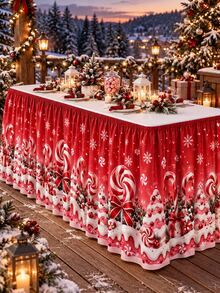 1pc Candy Cane Christmas Table Skirt, Mint Lollipop Snow-Capped Christmas Tree Gift Box Red Bow Snowflake Print Table Edge Cover, Suitable For Dessert Table, Family Gathering And Christmas Party Decoration - Multicolor - View 8