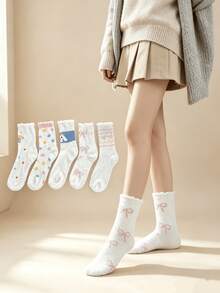 1/5 Pairs Macaron Color Sweet Cute Cartoon Puppy Versatile Warm Thick Mid-Calf Socks - Multicolor - View 1