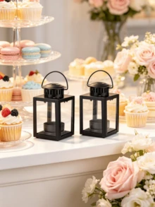 1pc/2pcs Mini Iron & Glass Lantern Candle Holder, Portable Hanging Tea Light Lamp, Windproof Glass Candle Holder Small Lantern, Vintage Desktop Decor For Christmas, Wedding, Party Atmosphere - Black - View 12