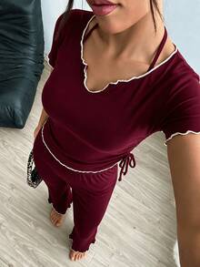 2PCS Christmas Burgundy Night Wear Women, Ruffle Edge Side Drawstring Short Sleeve Top & Flare Pants Women Sleepwear Homewear - Burgundy - View 8